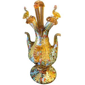 Double Cruet Bottle Moser Type Spanish Art Glass Enameled Decanter